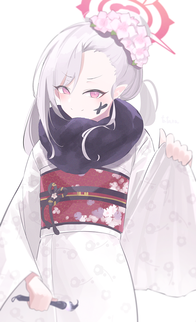 1girl, :d, black_fur, blue_archive, blush, commentary, eyebrows_visible_through_hair, floral_print