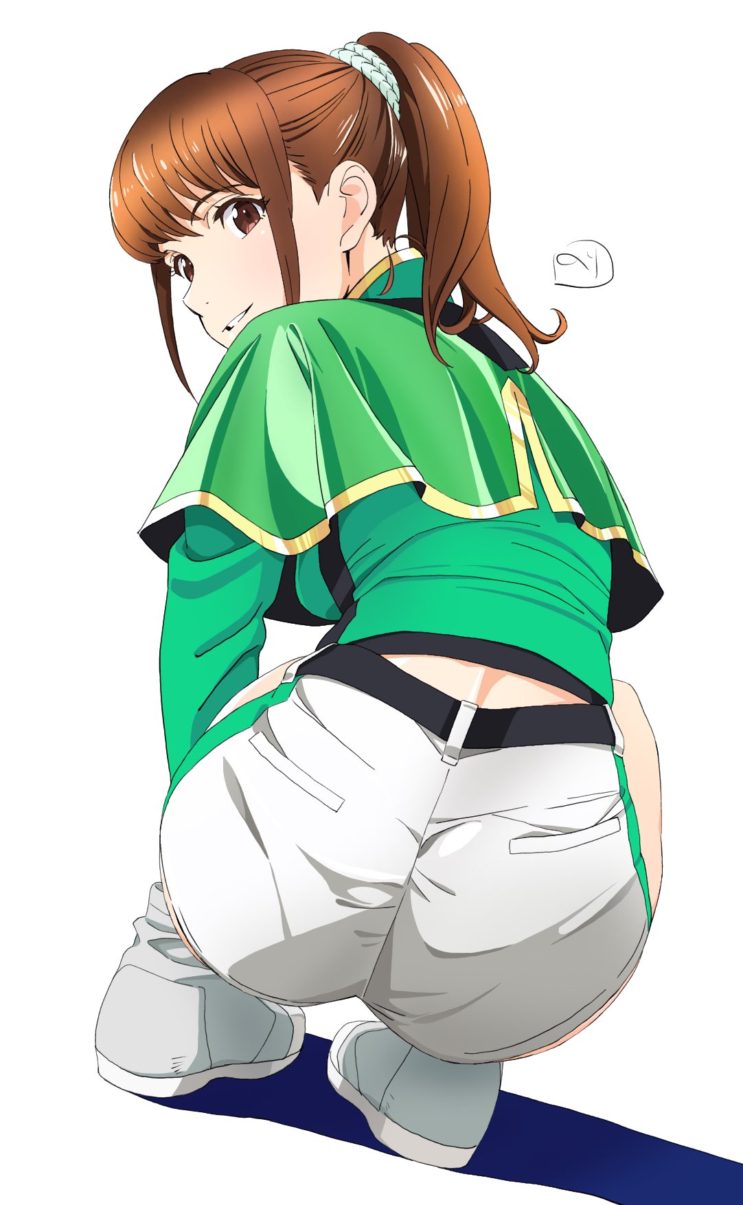 1girl, ass, breasts, brown_eyes, brown_hair, capelet, full_body, hayami_sena, highres, jacket, long_hair, looking_at_viewer, mashin_sentai_kiramager, nori_(norimakigumo), open_mouth, ponytail, shoes, shorts, simple_background, smile, solo, super_sentai, white_background, white_shorts