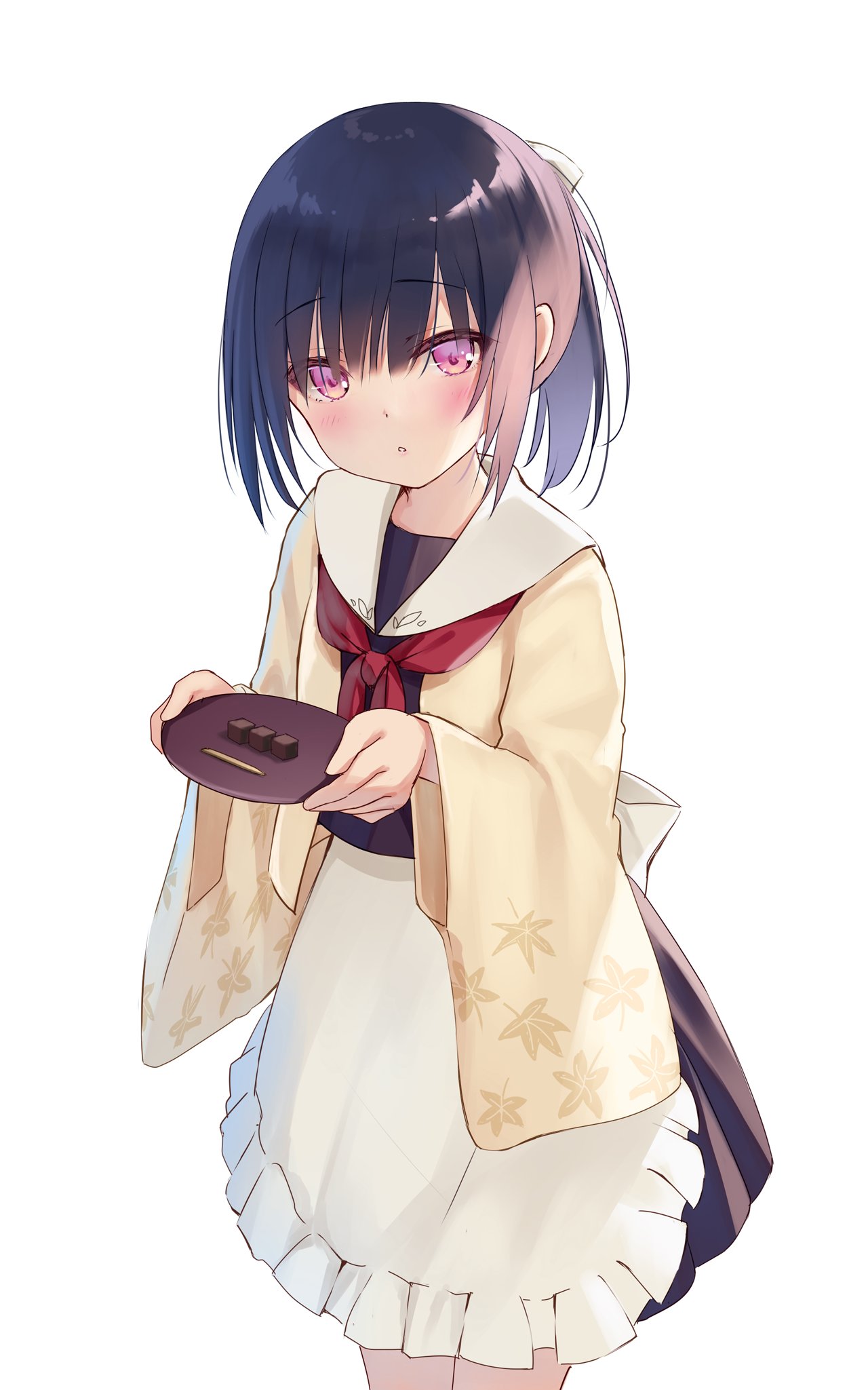 1girl, apron, black_hair, commentary, eyebrows_visible_through_hair, highres, holding, holding_tray