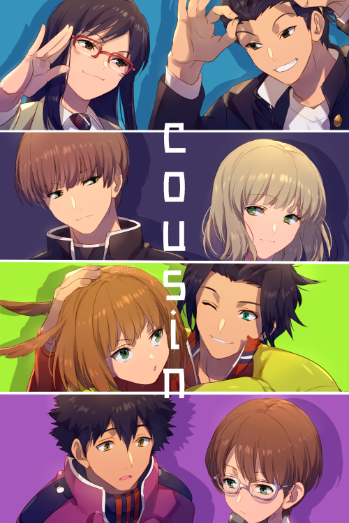 4boys, 4girls, adjusting_eyewear, aqua_eyes, arashiyama_jun, arm_around_shoulder, bangs, black_eyes