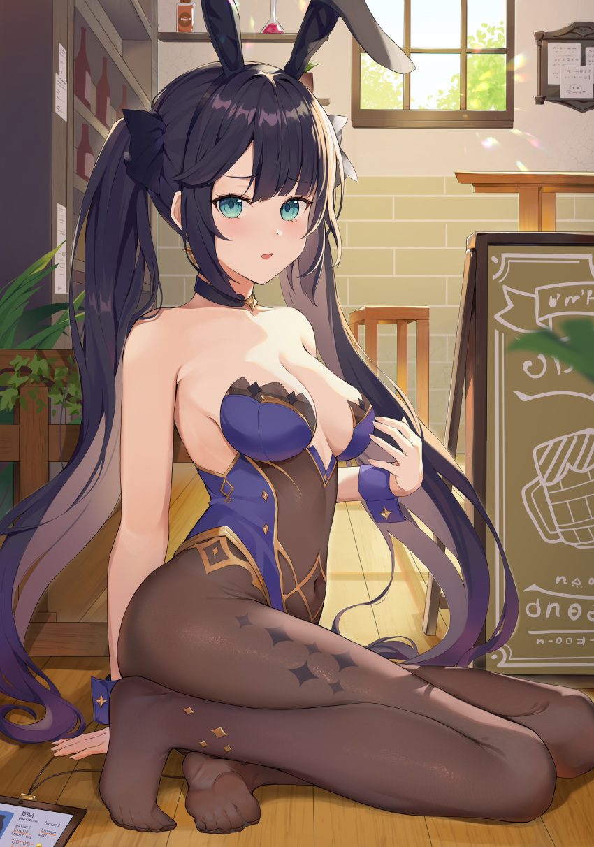 1girl, absurdres, adapted_costume, animal_ears, armpit_crease, bare_arms, bare_shoulders, black_choker, black_hair, blue_eyes, bow, breasts, brown_legwear, choker, collarbone, covered_navel, fake_animal_ears, feet, frown, genshin_impact, gold_trim, hair_bow, highleg, highleg_leotard, highres, hokori_sakuni, leotard, long_hair, looking_at_viewer, medium_breasts, mona_(genshin_impact), no_shoes, on_floor, pantyhose, parted_lips, playboy_bunny, purple_leotard, rabbit_ears, sidelocks, sitting, solo, strapless, strapless_leotard, twintails, very_long_hair, wrist_cuffs