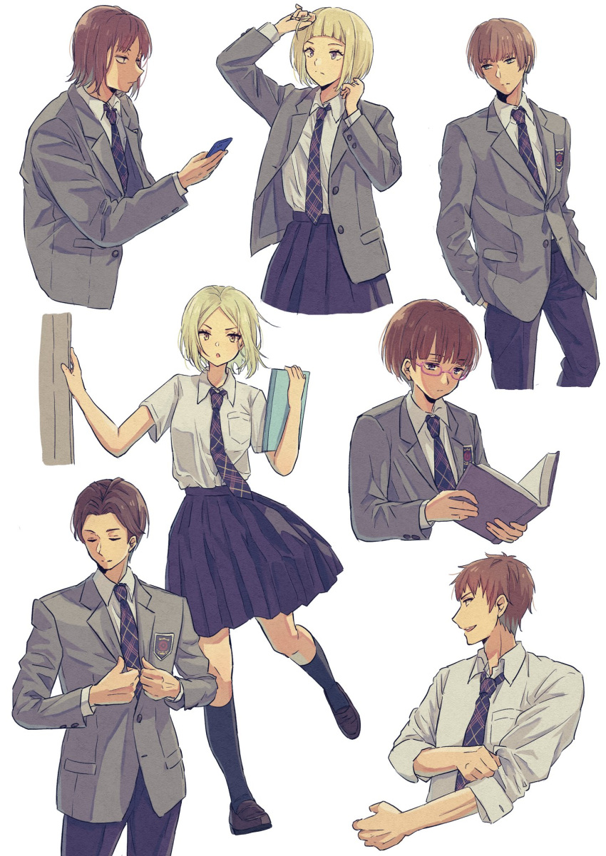 3girls, 4boys, adjusting_clothes, adjusting_hair, arafune_tetsuji, bangs, black_pants, black_skirt
