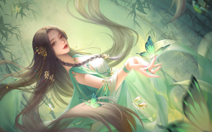 1girl, baiguio_(zhu_xian), bamboo, brown_hair, bug, butterfly, dress, facial_mark