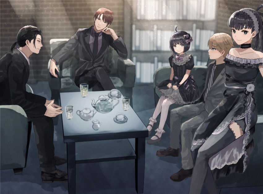 2girls, 3boys, alternate_hairstyle, amatori_chika, armchair, azuma_haruaki, bangs, bare_shoulders