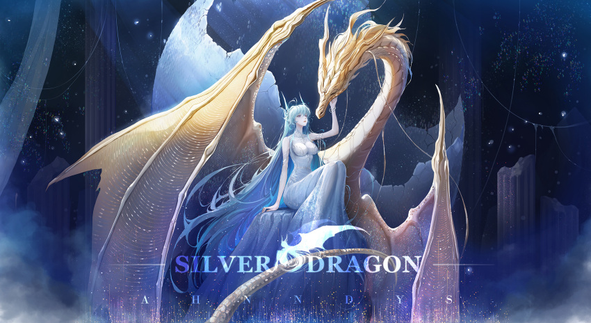 1girl, bracelet, broken_egg, broken_pillar, closed_eyes, douluo_dalu, dragon, dress