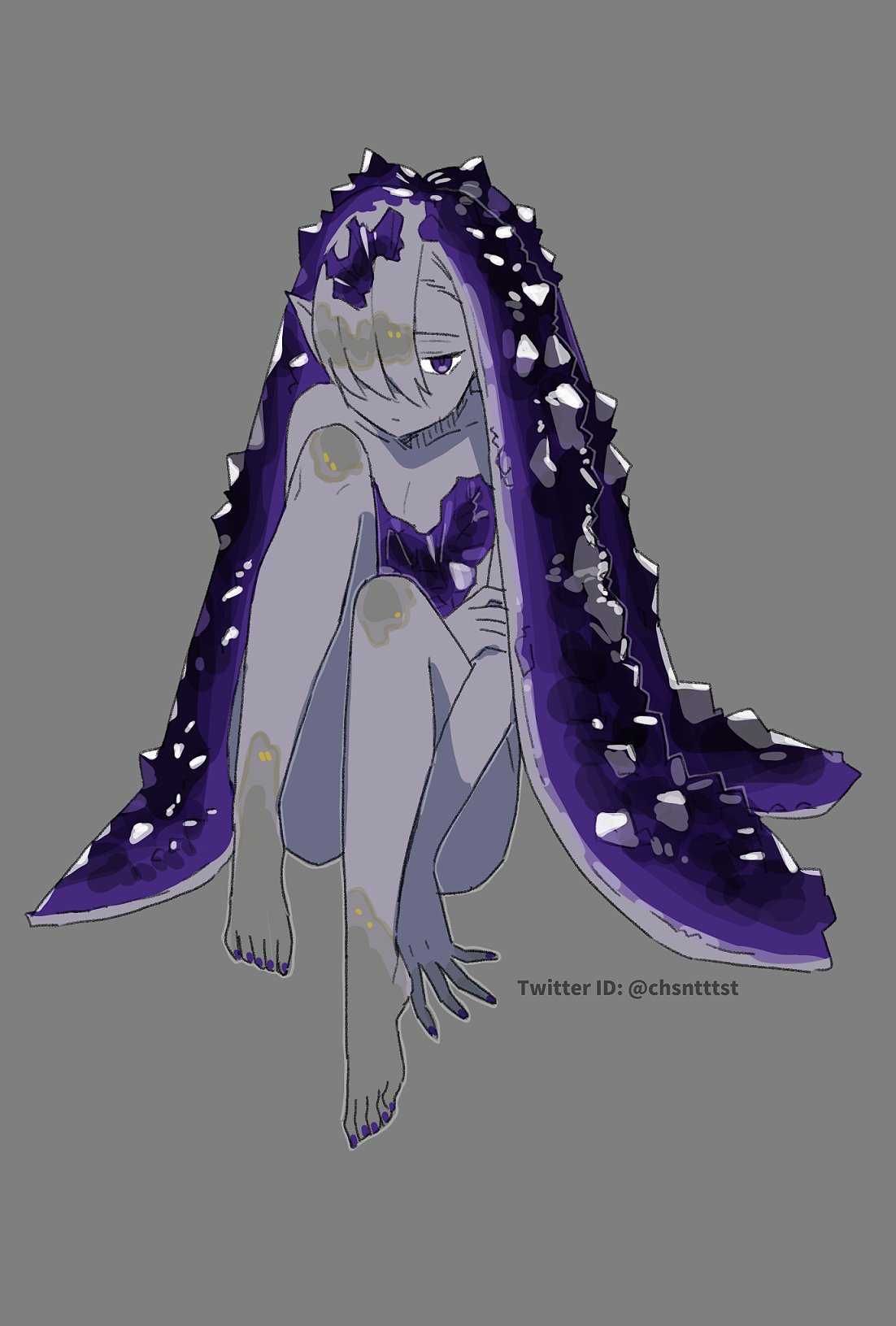 1girl, colored_skin, crystal, crystal_hair, full_body, geode, grey_background, grey_hair