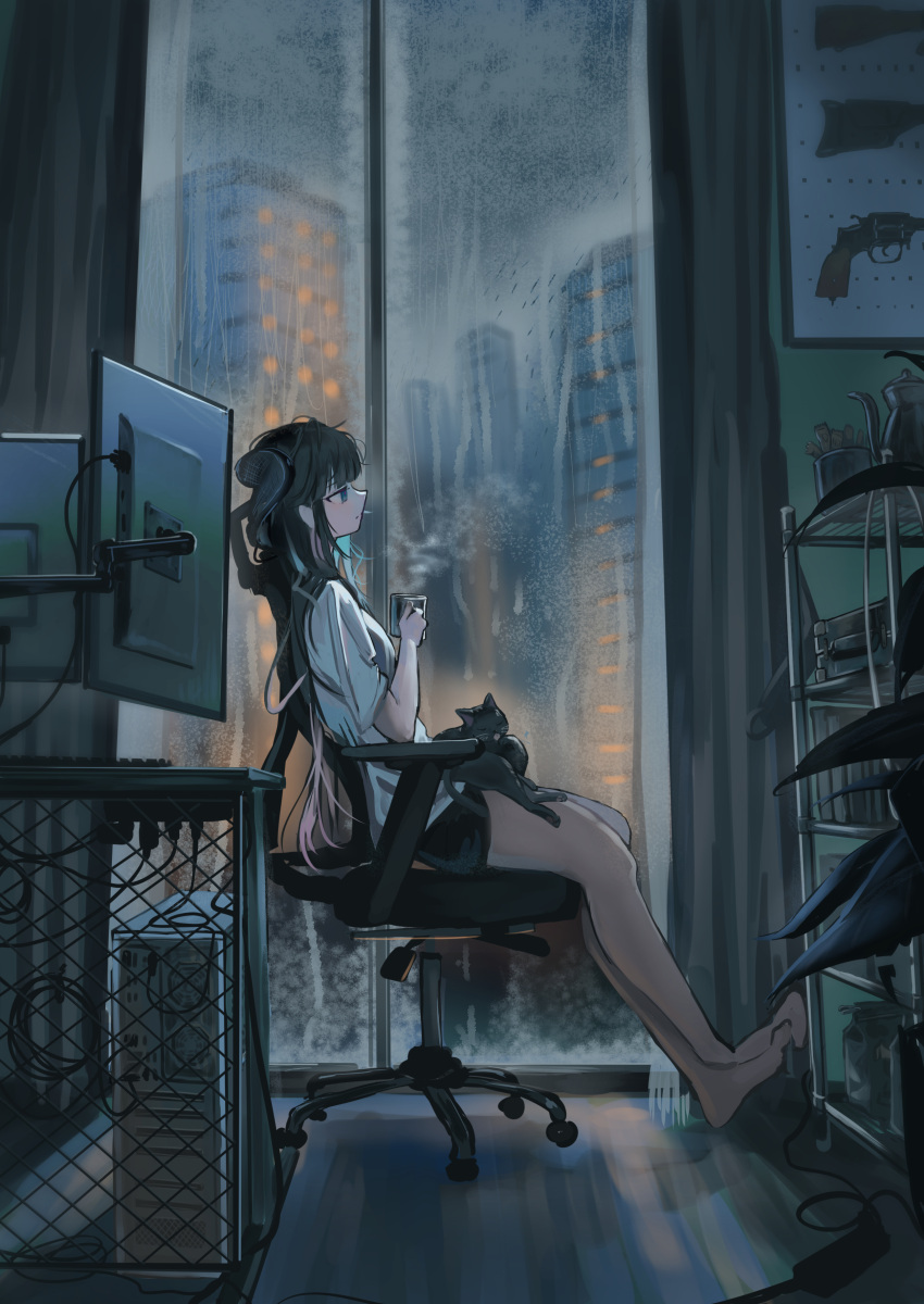 1girl, absurdres, animal_on_lap, aqua_hair, barefoot, black_cat, black_curtains, black_hair