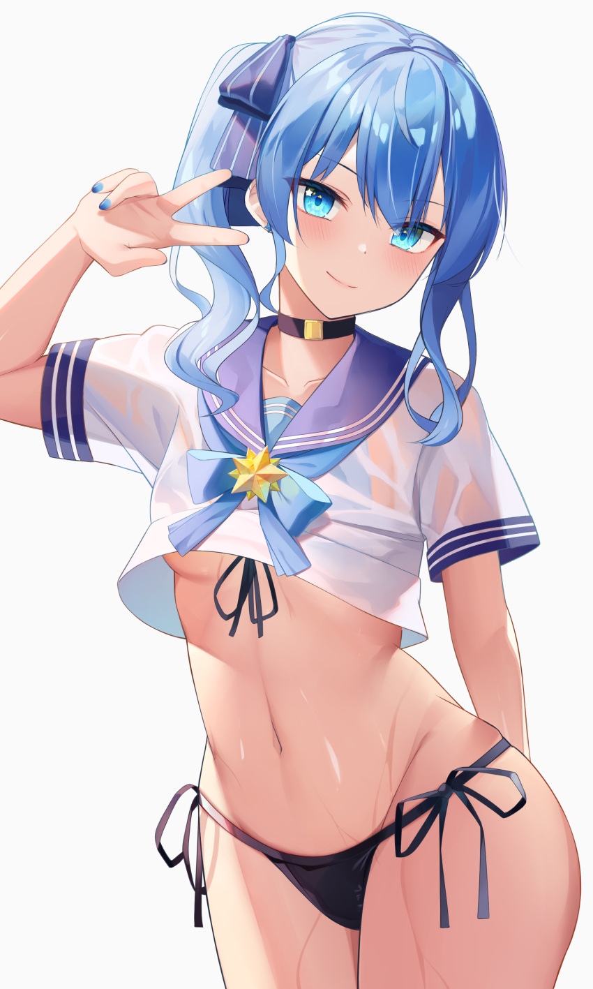 1girl, absurdres, arm_behind_back, bangs, bikini, bikini_bottom_only, black_choker, blue_bow, blue_eyes, blue_hair, blue_nails, bow, breasts, brooch, choker, closed_mouth, cowboy_shot, crop_top, hand_up, highres, hololive, hoshimachi_suisei, jewelry, looking_at_viewer, medium_hair, milk_box_(leoleo963852741), navel, neckerchief, sailor_collar, sailor_shirt, shirt, short_sleeves, side-tie_bikini, side_ponytail, sidelocks, small_breasts, smile, solo, star_(symbol), star_in_eye, stomach, swimsuit, symbol_in_eye, v, virtual_youtuber, wet, wet_clothes, wet_shirt