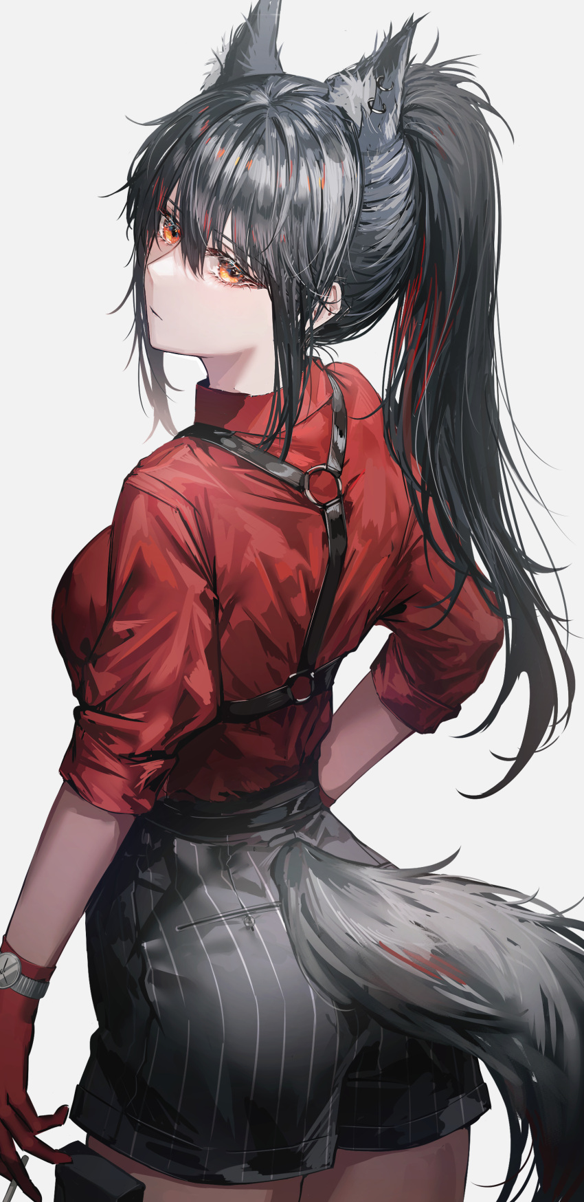1girl, absurdres, akqne, animal_ears, arknights, black_hair, black_shorts, breasts