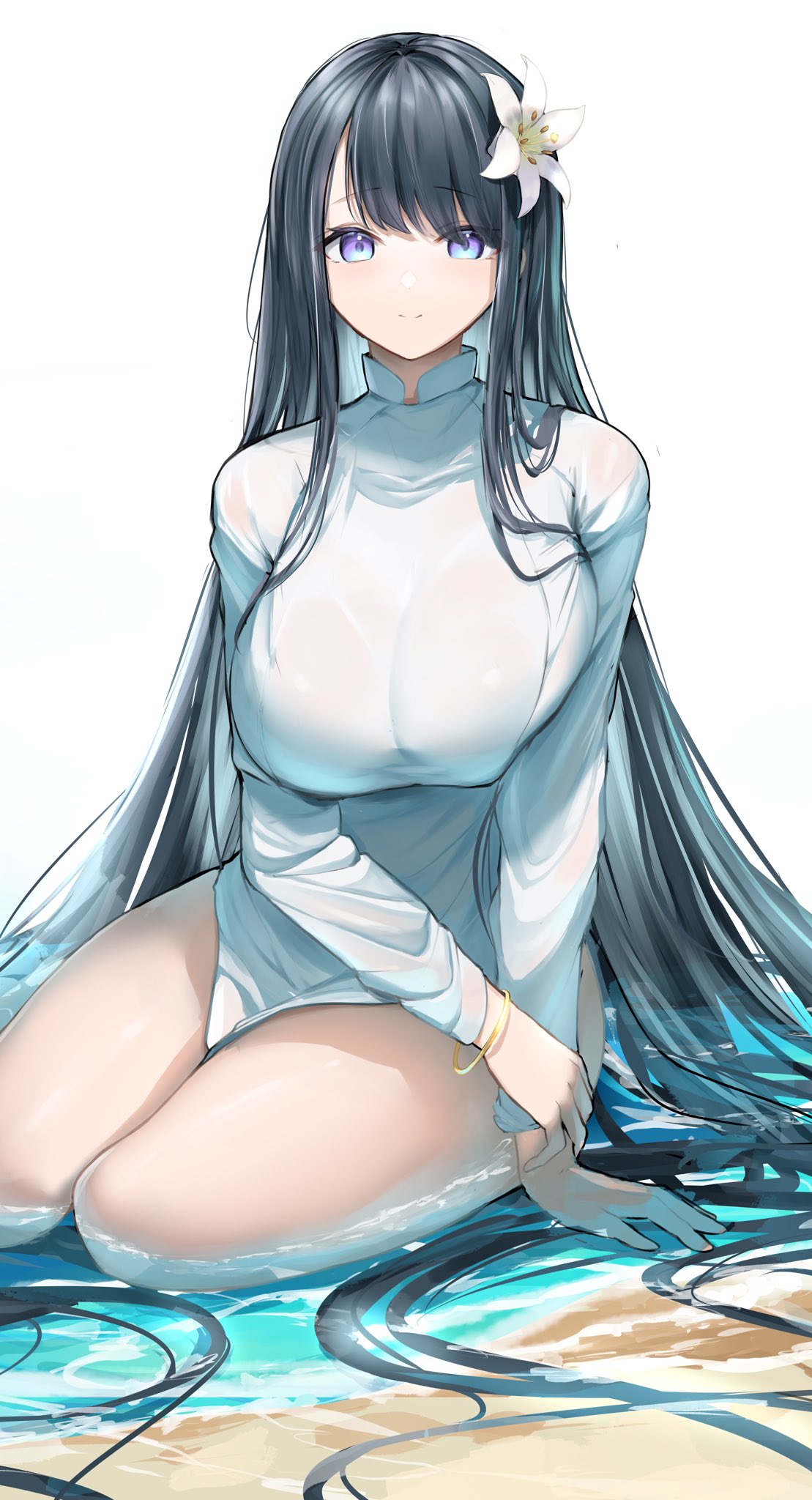 1girl, bangs, black_hair, blue_eyes, bracelet, breasts, gu_luco, highres