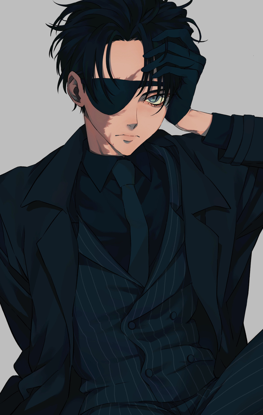 1boy, absurdres, black_gloves, black_hair, black_necktie, black_shirt, blue_eyes, burn_scar