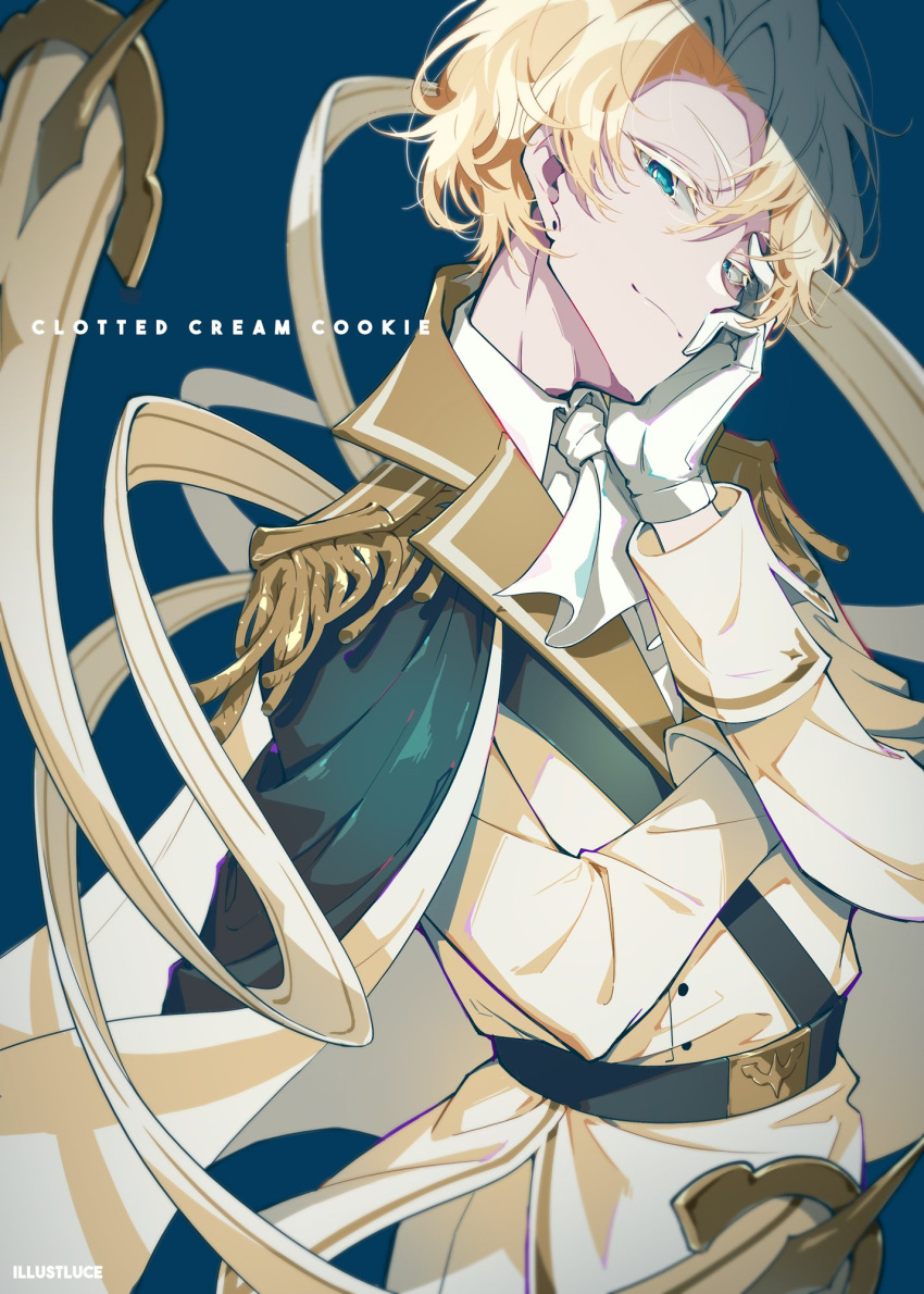 1boy, aqua_eyes, artist_name, ascot, bangs, belt, belt_buckle, blonde_hair