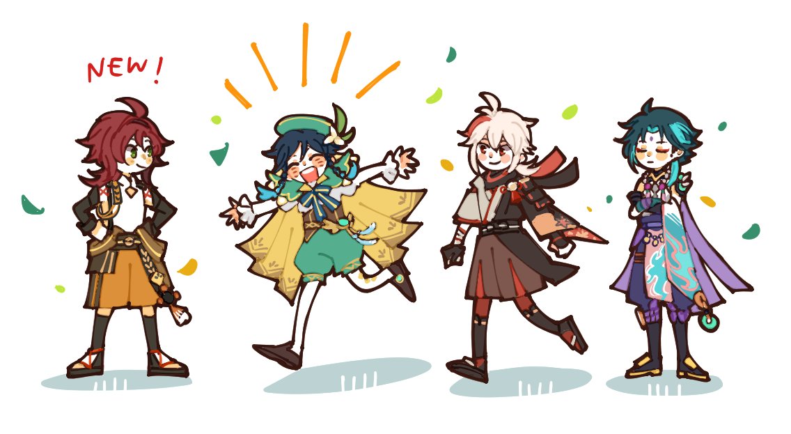 4boys, ahoge, asymmetrical_gloves, beret, black_hair, blue_hair, blush, corset