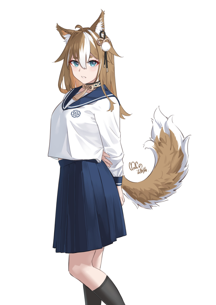 1girl, absurdres, animal_ears, aqua_eyes, arms_behind_back, artist_name, black_legwear, blue_skirt