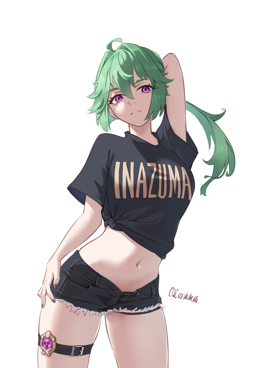1girl, absurdres, ahoge, arm_behind_head, arm_up, bangs, black_shirt, black_shorts