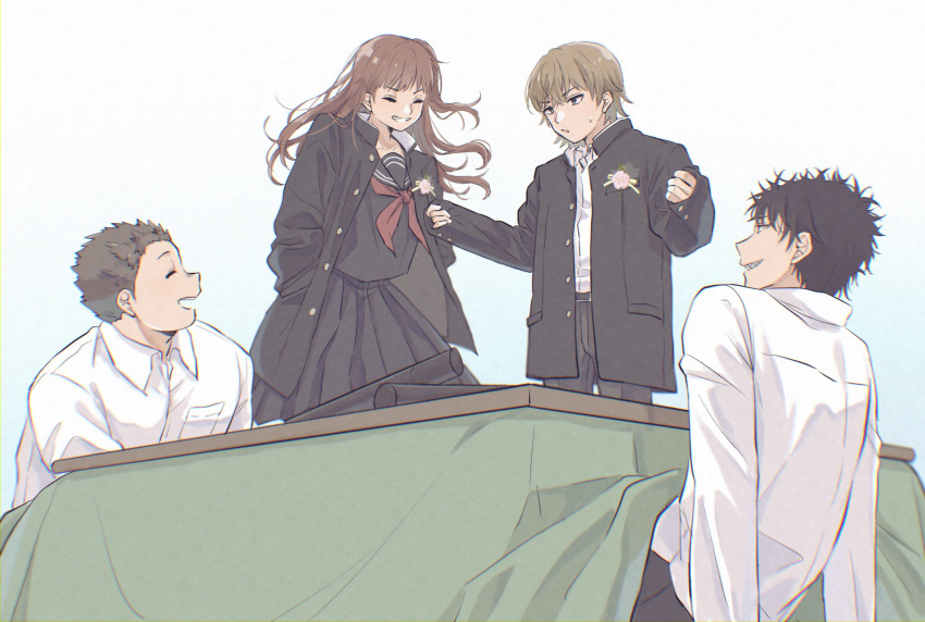 arm_support, bangs, black_hair, black_jacket, black_pants, black_skirt, boutonniere, brown_hair