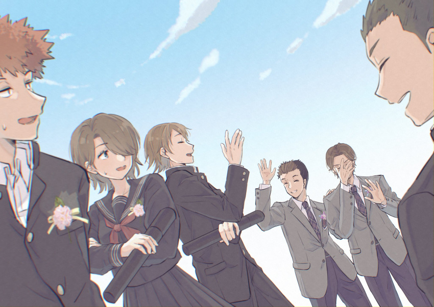 ^_^, bangs, black_hair, black_jacket, black_pants, black_skirt, blazer, blue_sky