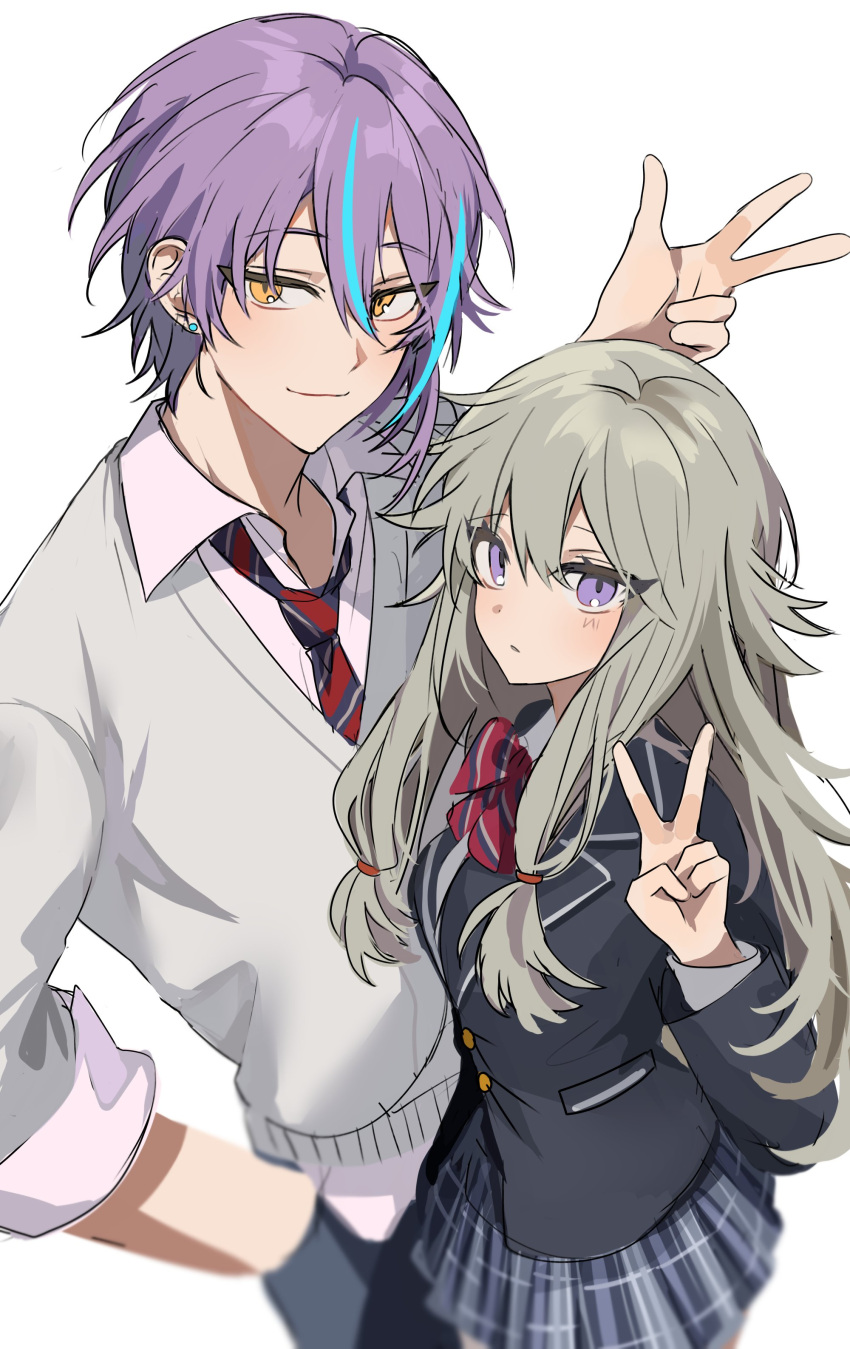 1boy, 1girl, :3, absurdres, black_jacket, blue_hair, blue_pants, blue_skirt