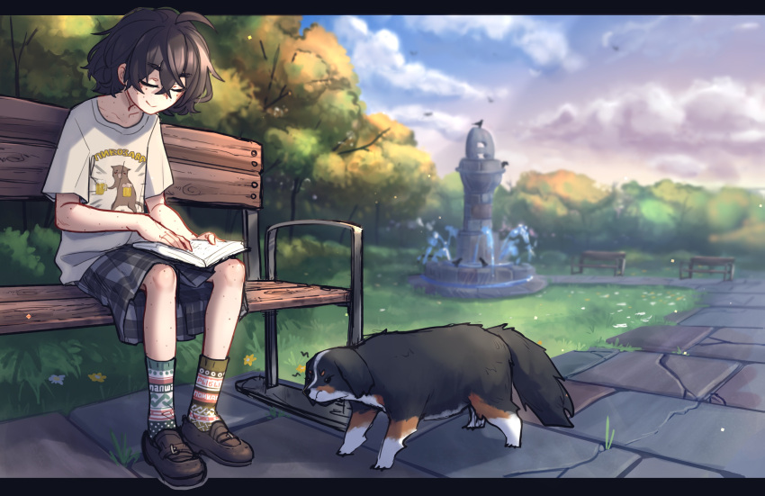 1girl, absurdres, angry, animal, bangs, beer_mug, bench, bird