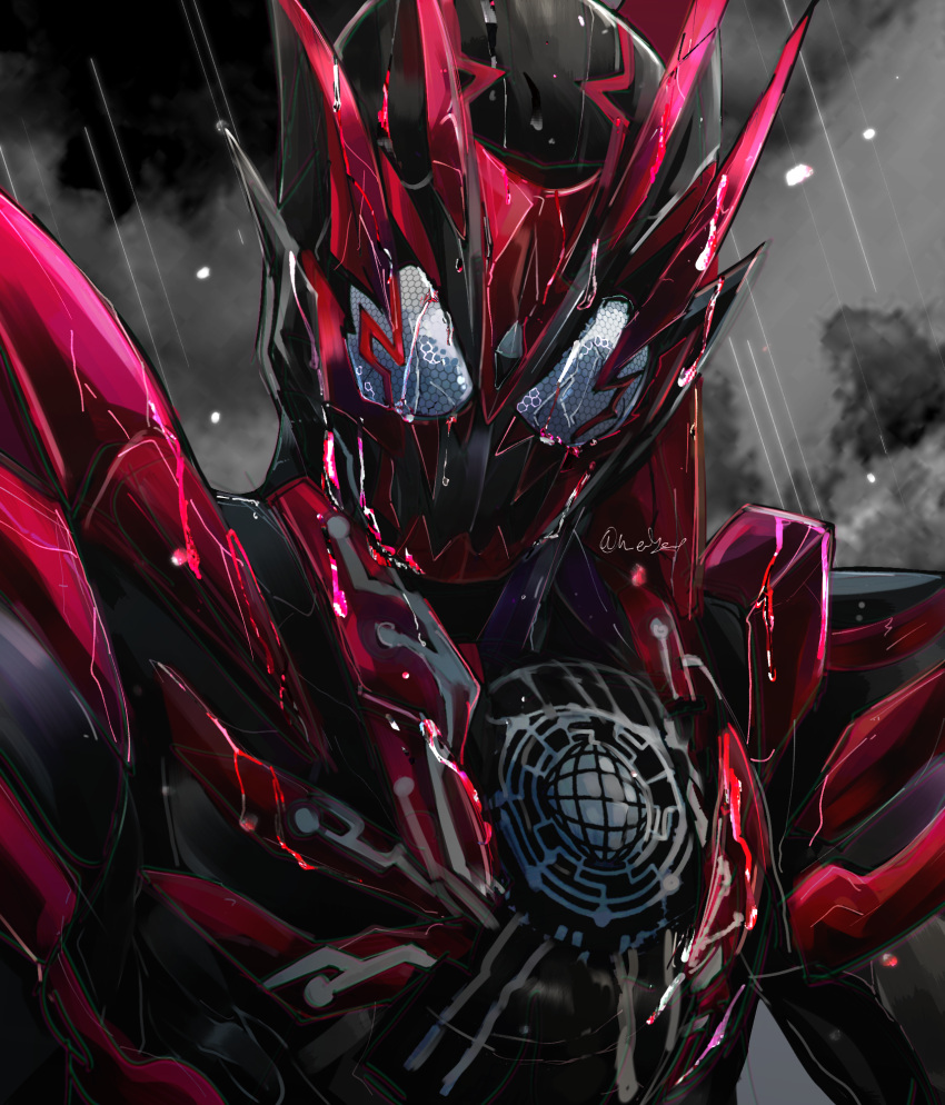 1boy, armor, black_armor, bug, commentary, compound_eyes, grasshopper, grey_sky, hell_rising_hopper, helmet, highres, kamen_rider, kamen_rider_01_(series), kamen_rider_zero-one, male_focus, ni_celery_pk, rain, red_armor, solo, tokusatsu, upper_body, water_drop, white_eyes
