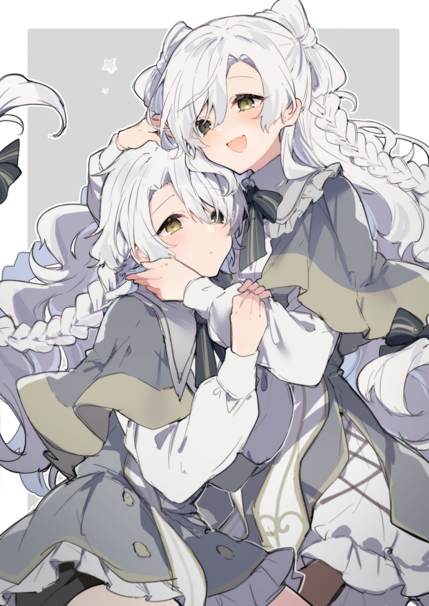 2girls, arbell_(ikeuchi_tanuma), bangs, black_bow, black_bowtie, blush, bow, bowtie, capelet, closed_mouth, cowboy_shot, dress, expressionless, fang, fluffy, frilled_dress, frills, grey_capelet, grey_dress, hair_between_eyes, hair_bow, head_hug, highres, holding_another's_arm, hug, ikeuchi_tanuma, long_braid, long_hair, looking_afar, low-tied_long_hair, multiple_girls, open_mouth, original, school_uniform, seraphina_(ikeuchi_tanuma), smile, white_hair, yellow_eyes