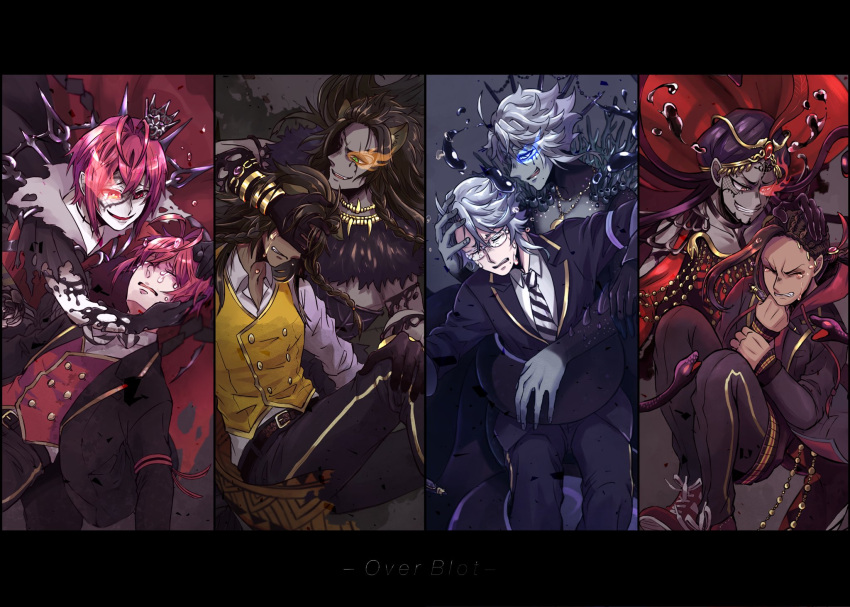 6+boys, animal_ears, antenna_hair, armband, azul_ashengrotto, belt, black_eyes, black_hair
