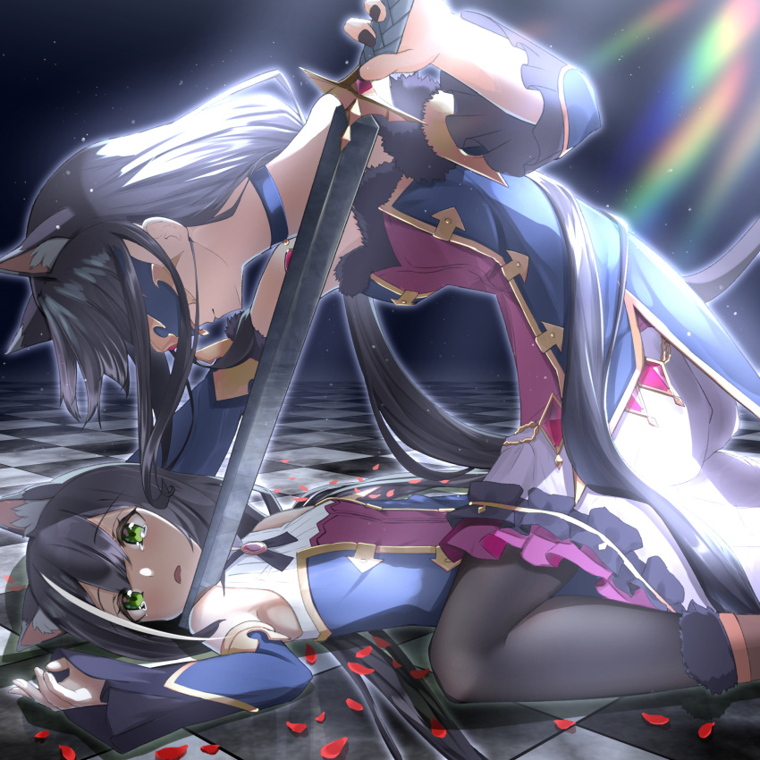 1girl, animal_ears, bangs, black_hair, blindfold, cat_ears, cat_tail, dark_persona, detached_sleeves, dress, eyebrows_visible_through_hair, fur_trim, green_eyes, hanba_rou, highres, holding, holding_sword, holding_weapon, karyl_(princess_connect!), long_hair, low_twintails, multicolored_hair, princess_connect!, selfcest, sleeveless, sleeveless_dress, streaked_hair, sword, tail, tears, thigh-highs, twintails, weapon, white_hair