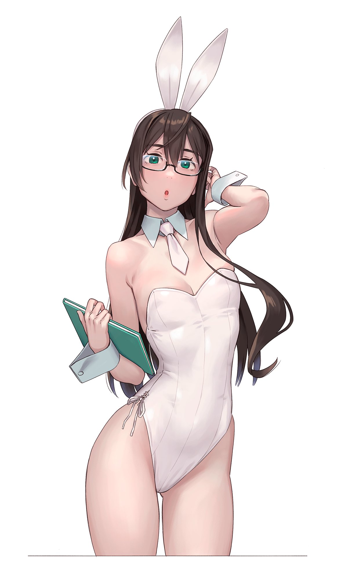 1girl, animal_ears, aqua_eyes, black-framed_eyewear, black_hair, cowboy_shot, detached_collar, fake_animal_ears