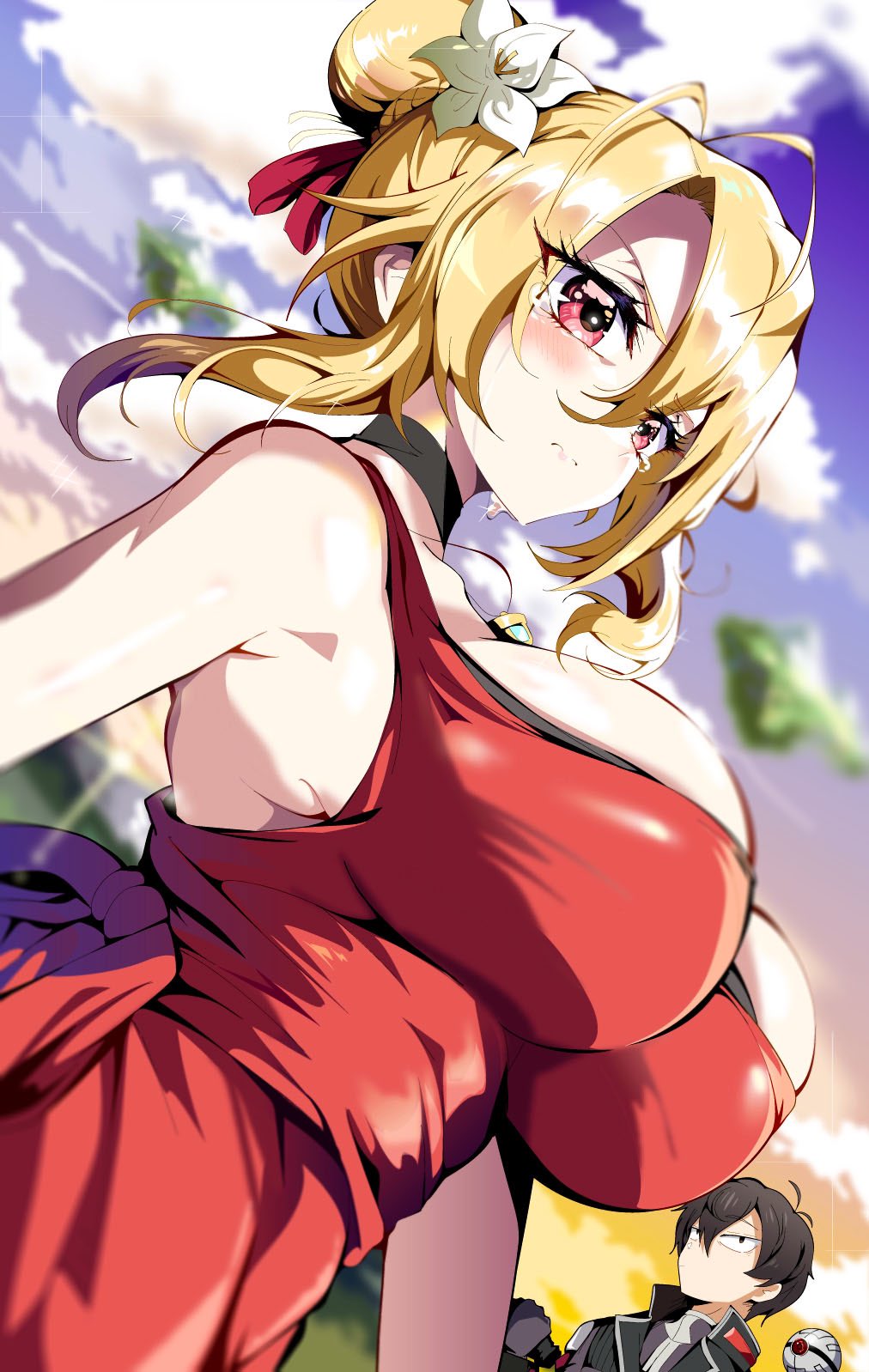 1boy, 1girl, aloe_(kenkou3733), angelica_rafa_redgrave, black_choker, black_eyes, black_hair, black_jacket, blonde_hair, blush, breasts, choker, clouds, crying, crying_with_eyes_open, dress, floating_island, flower, hair_behind_ear, hair_bun, hair_flower, hair_ornament, highres, huge_breasts, jacket, leon_fou_bartford, looking_ahead, luxion_(mobseka), otome_gee_sekai_wa_mob_ni_kibishii_sekai_desu, red_dress, red_eyes, robot, sky, solo_focus, tears, white_flower
