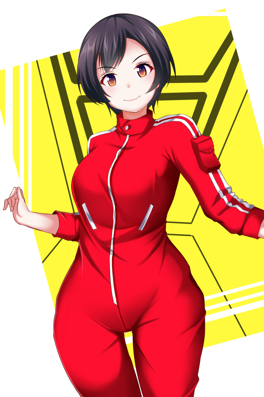 1girl, absurdres, black_hair, bodysuit, breasts, brown_eyes, gekisou_sentai_carranger, highres, long_sleeves, looking_at_viewer, medium_breasts, pandacross, pouch, red_bodysuit, shinohara_natsumi, short_hair, smile, solo, standing, super_sentai, yellow_background