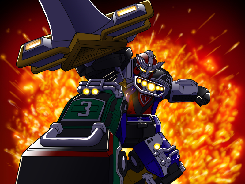 clenched_hand, explosion, gattai, gekisou_sentai_carranger, helios_(divisar), mecha, no_humans, outdoors