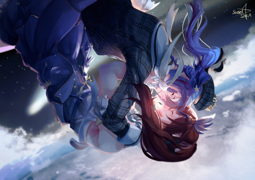 2girls, absurdres, beret, blue_eyes, blue_skirt, bow, calling, clouds