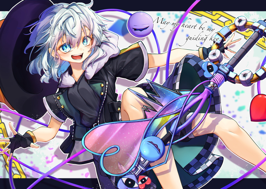 1girl, :d, absurdres, alternate_costume, alternate_eye_color, bad_anatomy, black_gloves, black_headwear