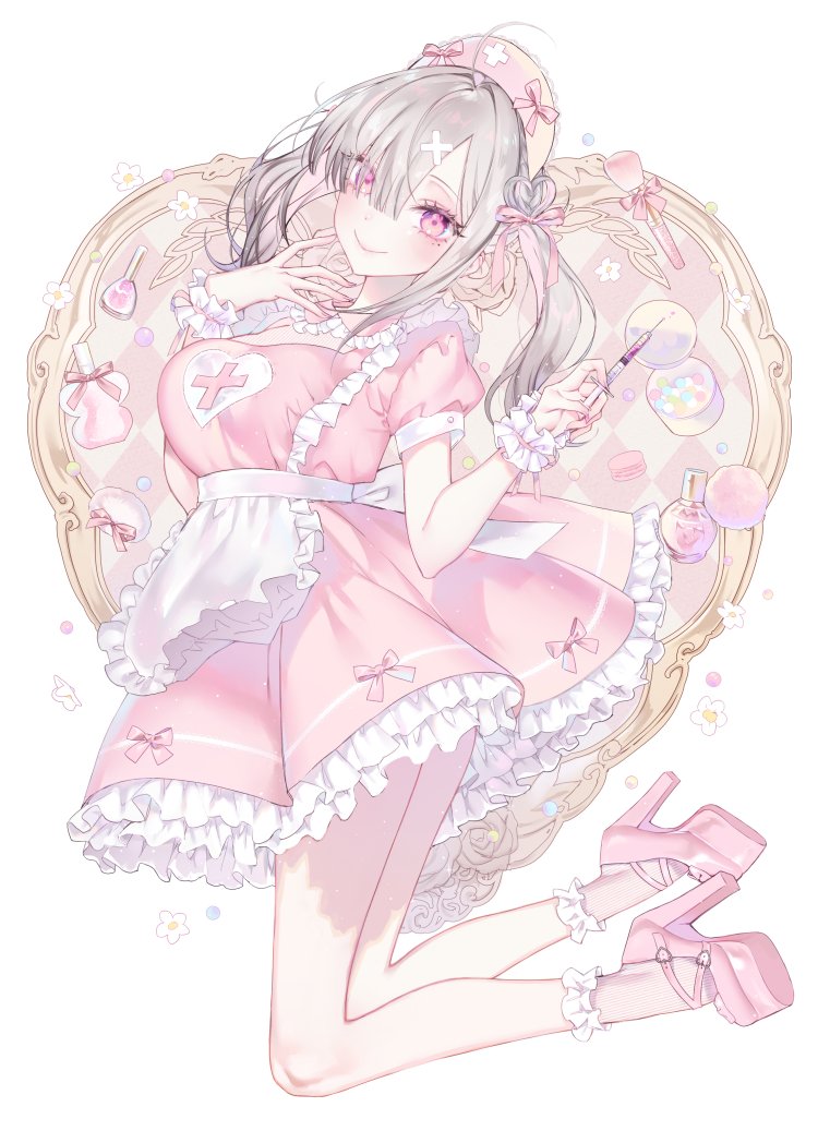 1girl, apron, blush, bottle, breasts, frilled_apron, frills, hat