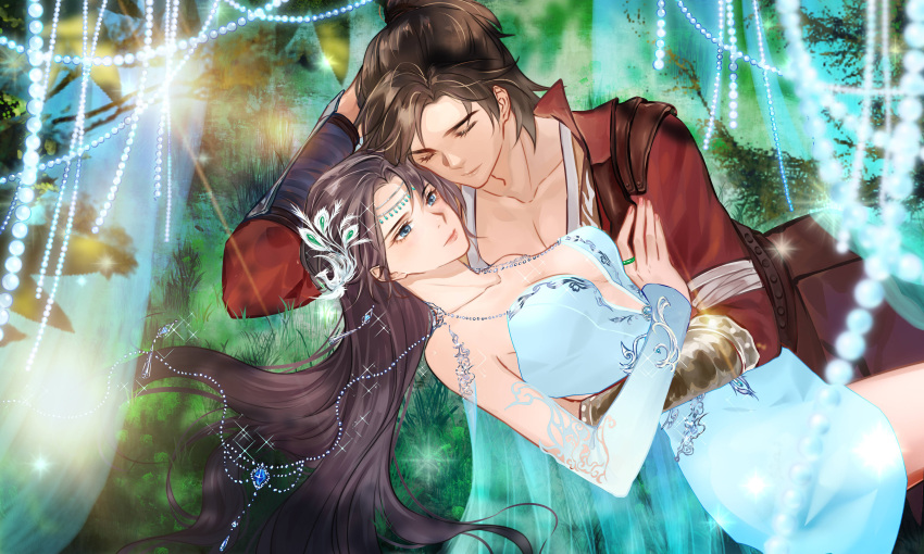 1boy, 1girl, absurdres, bare_shoulders, beads, blue_dress, brown_hair, closed_eyes