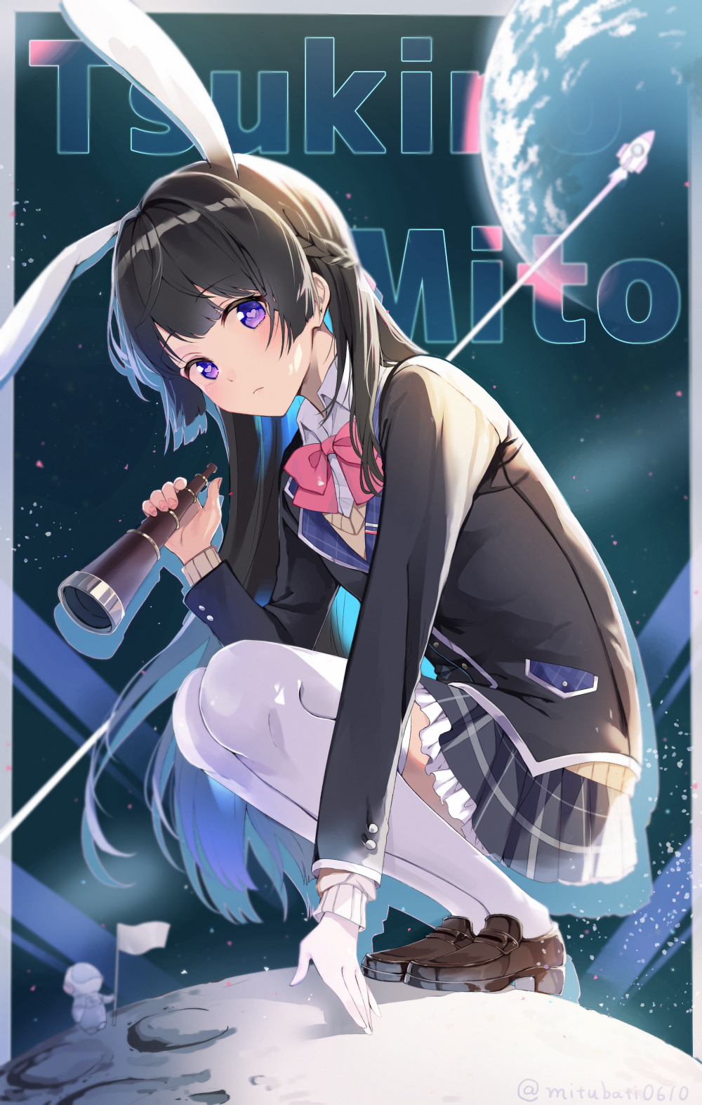 1girl, animal_ears, astronaut, bangs, black_jacket, black_skirt, blue_hair, brown_footwear