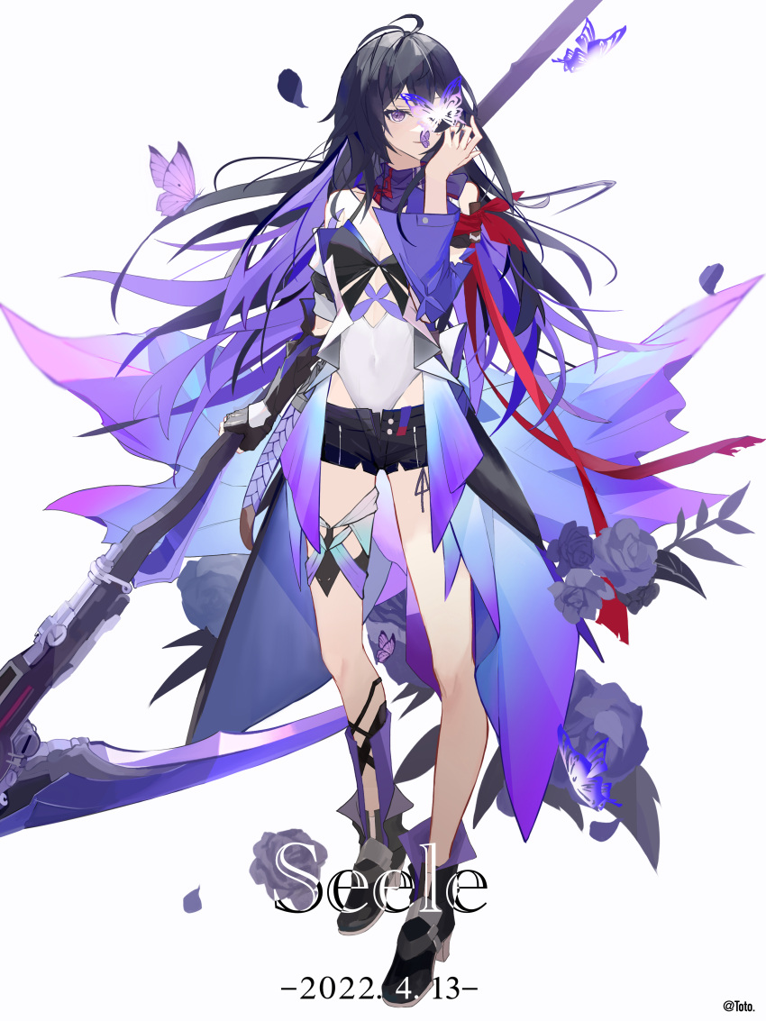 1girl, 2022, absurdres, artist_name, bangs, bare_shoulders, black_footwear, black_gloves, black_shorts, bug, butterfly, character_name, dress, fingerless_gloves, full_body, gloves, hanchan540, highres, holding, holding_scythe, honkai:_star_rail, honkai_(series), long_hair, looking_at_viewer, purple_butterfly, purple_dress, purple_hair, scythe, seele_vollerei, shorts, simple_background, single_glove, solo, violet_eyes, white_background