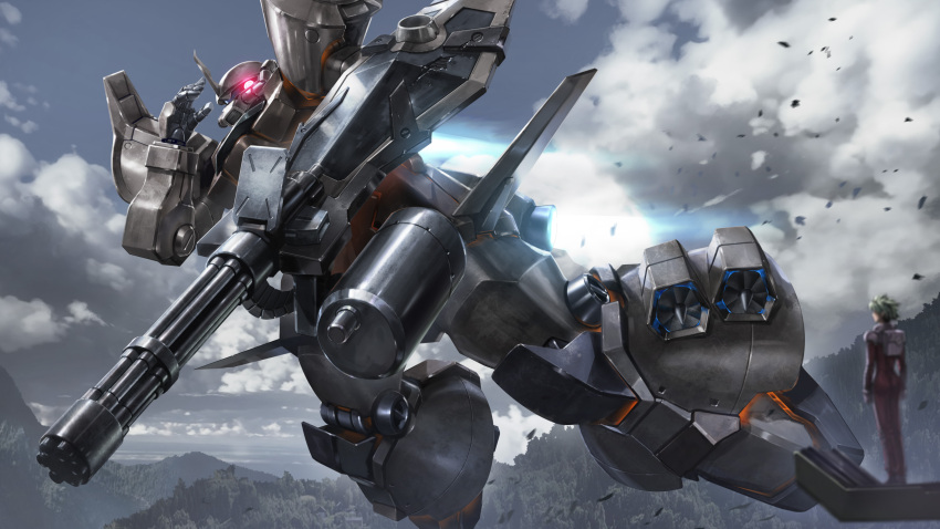 1girl, absurdres, aina_saharin, blonde_hair, chain_gun, clouds, flying, glowing