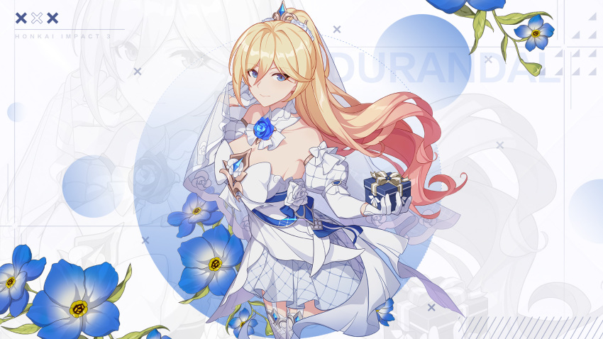 1girl, bianka_durandal_ataegina, bianka_durandal_ataegina_(dea_anchora), blonde_hair, blue_eyes, blue_flower, detached_collar, detached_sleeves