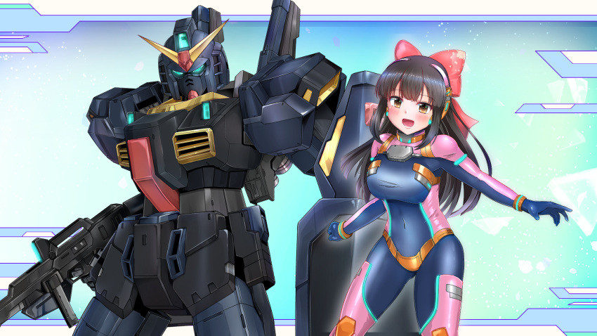 1girl, bangs, black_hair, blue_bodysuit, blue_eyes, blush, bodysuit, bow, brown_eyes, clenched_hand, covered_navel, eyebrows_visible_through_hair, glowing, glowing_eyes, gundam, gundam_mk_ii, hair_bow, highres, indie_virtual_youtuber, kagitsume, long_hair, mecha, mito_wakana, open_hand, open_mouth, pilot_suit, red_bow, smile, v-fin, virtual_youtuber, zeta_gundam