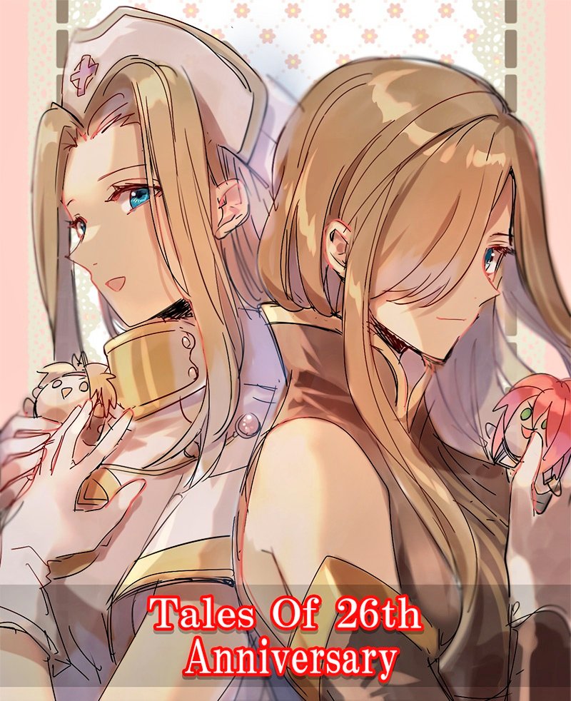 2girls, ailu_kupo2021, bangs, bare_shoulders, blonde_hair, blue_eyes, brown_hair, cress_albane, cross, detached_sleeves, doll, dress, gloves, hair_over_one_eye, hat, high_collar, holding, holding_doll, long_hair, luke_fon_fabre, mint, mint_adenade, multiple_girls, nurse_cap, short_sleeves, sleeveless, sleeveless_dress, tales_of_(series), tales_of_phantasia, tales_of_the_abyss, tear_grants, white_gloves