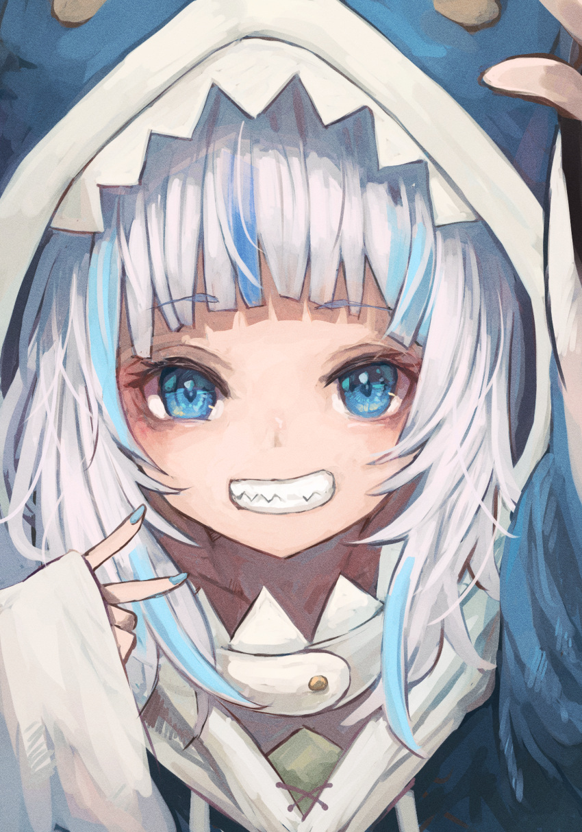1girl, animal_hood, bangs, blue_eyes, blunt_bangs, eyebrows_visible_through_hair, gawr_gura, highres