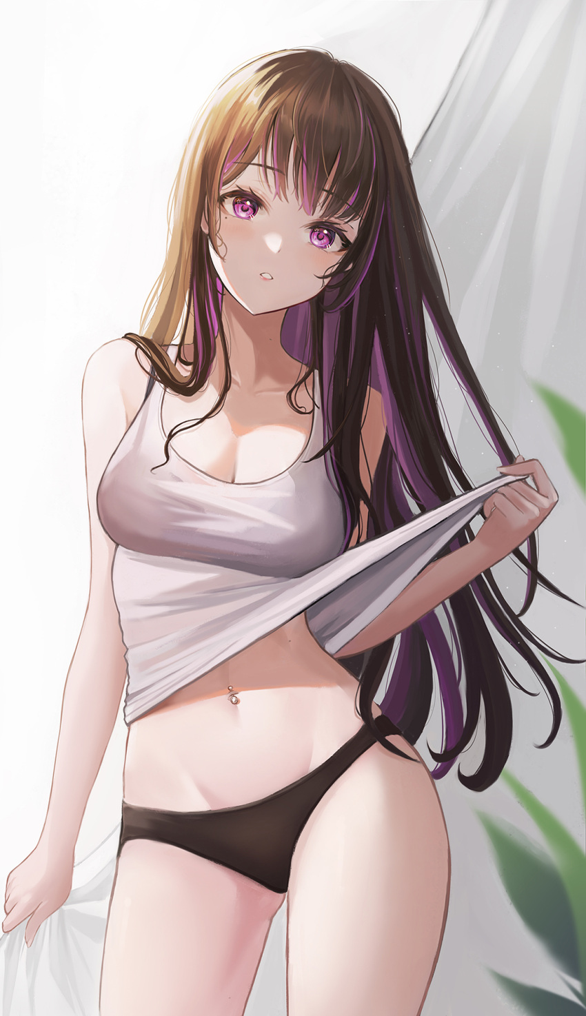 1girl, bare_arms, bare_shoulders, black_hair, black_panties, breasts, clothes_pull, contrapposto, cowboy_shot, duplicate, highres, kottungyang, large_breasts, long_hair, looking_at_viewer, mole, mole_under_eye, multicolored_hair, navel, no_pants, original, panties, parted_lips, pixel-perfect_duplicate, pulled_by_self, shirt, shirt_pull, sleeveless, sleeveless_shirt, solo, standing, stomach, streaked_hair, thighs, underwear, violet_eyes, white_shirt
