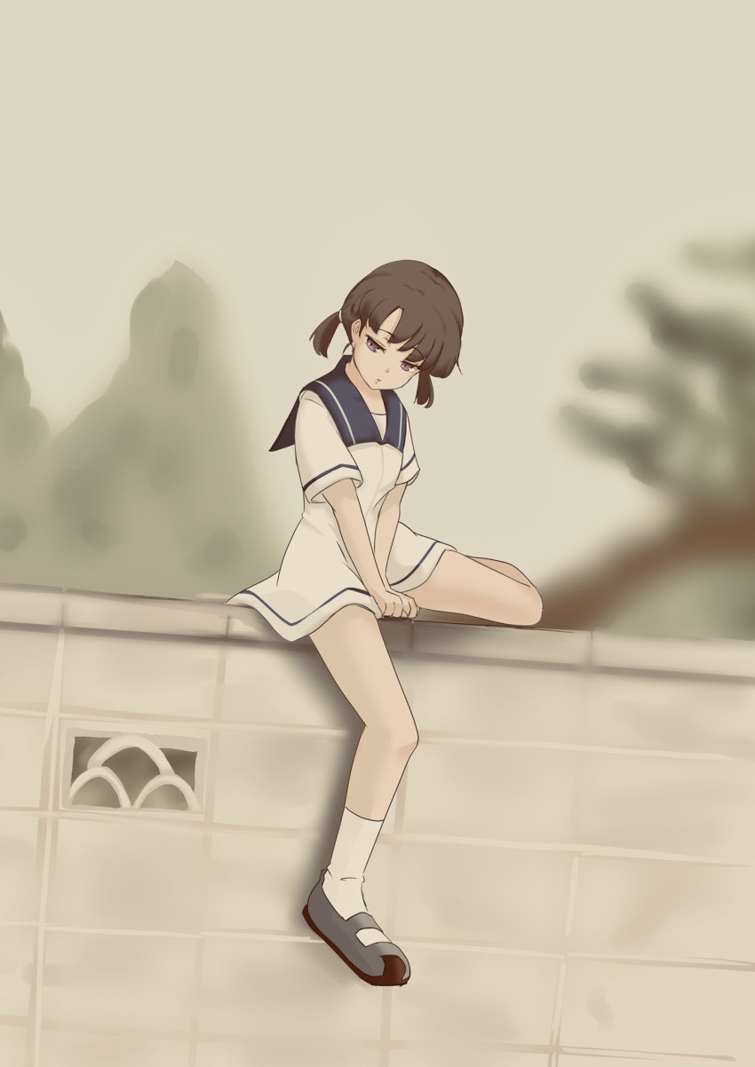 1girl, black_hair, blue_collar, blue_sailor_collar, chakoru, collar, dress, fence, highres, kantai_collection, sailor_collar, sailor_dress, shoes, short_hair, short_sleeves, shounan_(kancolle), sitting, socks, solo, twintails, uwabaki, violet_eyes, white_dress, white_legwear