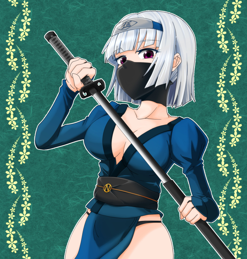 1girl, bangs, black_panties, black_sash, bob_cut, breasts, cleavage, commentary_request, cookie_(touhou), cowboy_shot, eyebrows_visible_through_hair, floral_background, green_background, highres, holding, holding_sword, holding_weapon, katana, konpaku_youmu, looking_at_viewer, mask, medium_breasts, mouth_mask, ninja, ninja_kewpie_five, ninja_mask, obi, panties, pelvic_curtain, sash, sheath, short_hair, solo, sword, touhou, underwear, unsheathing, violet_eyes, weapon, white_hair, yan_pai