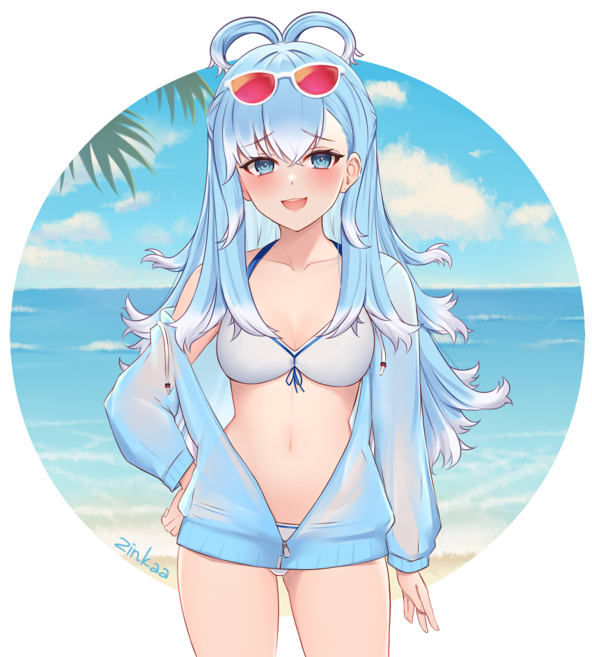 1girl, absurdres, bangs, beach, bikini, blue_eyes, blue_hair, blue_jacket
