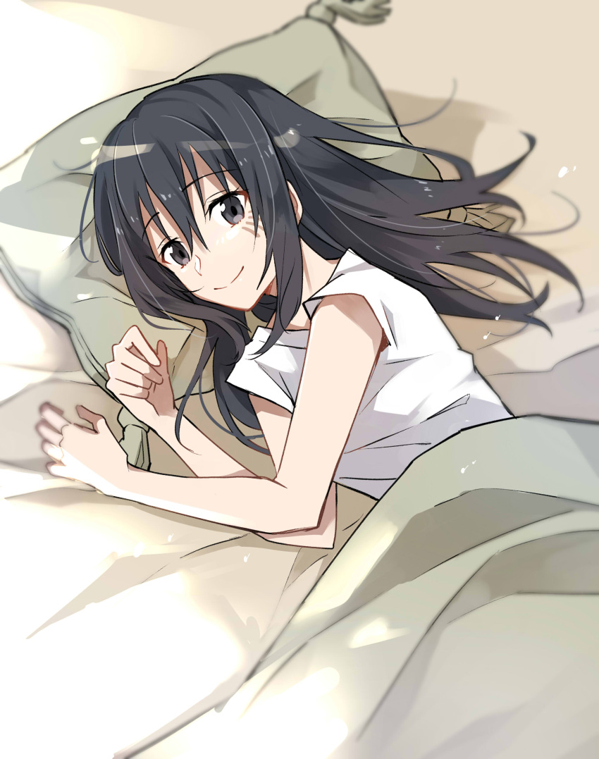 1girl, absurdres, bangs, bare_legs, bed_sheet, black_hair, black_shirt, closed_mouth