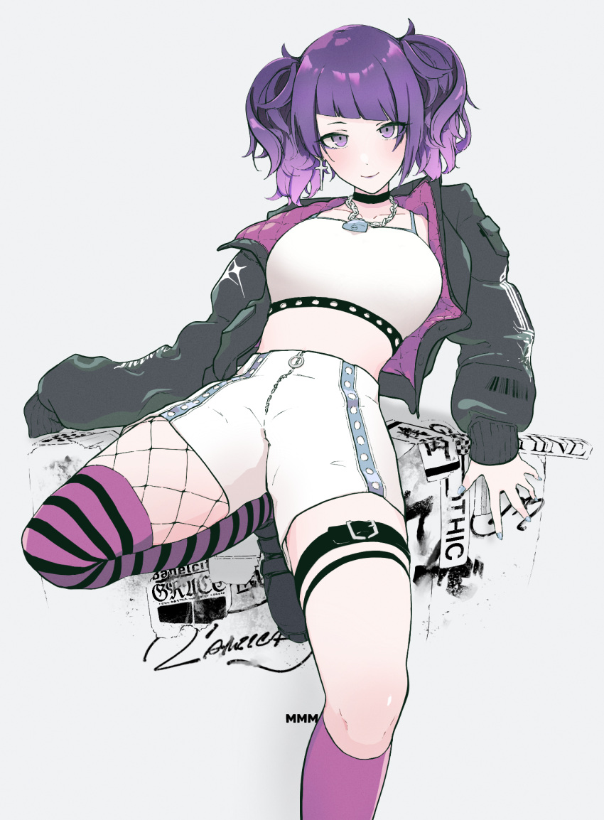 1girl, asymmetrical_legwear, bangs, blue_nails, blush, breasts, choker, diagonal_bangs, earrings, fishnet_legwear, fishnets, hair_ornament, highres, hodoyoi, idolmaster, idolmaster_shiny_colors, jewelry, kneehighs, looking_at_viewer, midriff, nail_polish, necklace, purple_hair, purple_legwear, shorts, smile, solo, striped, striped_legwear, tanaka_mamimi, thigh-highs, twintails, violet_eyes