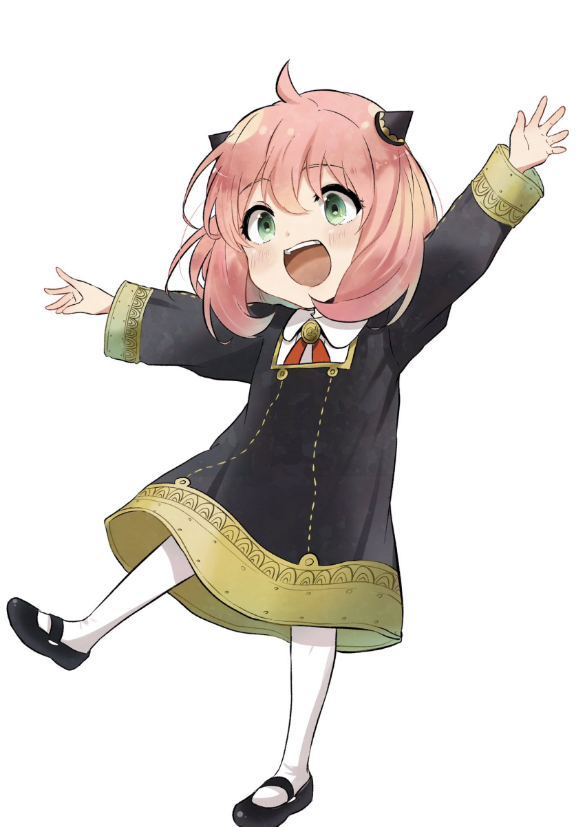 1girl, :d, ahoge, anya_(spy_x_family), bangs, black_dress, black_footwear, black_jacket