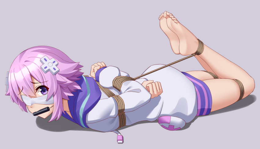 1girl, absurdres, bare_legs, barefoot, bdsm, blindfold, bondage, bound, bound_arms, commission, d-pad, d-pad_hair_ornament, gagged, hair_between_eyes, hair_ornament, highres, looking_at_another, neptune_(neptune_series), neptune_(series), purple_hair, restrained, rope, short_hair, sidelocks, solo, violet_eyes, wo_cao_xiao